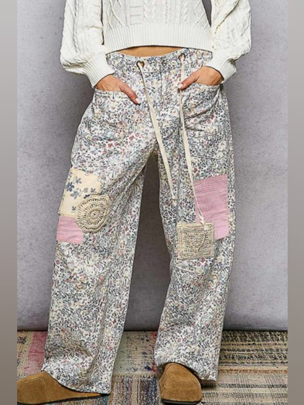 POL Floral Patchwork Crochet Sequined Drawstring Cinch Utility Wide Leg Pants